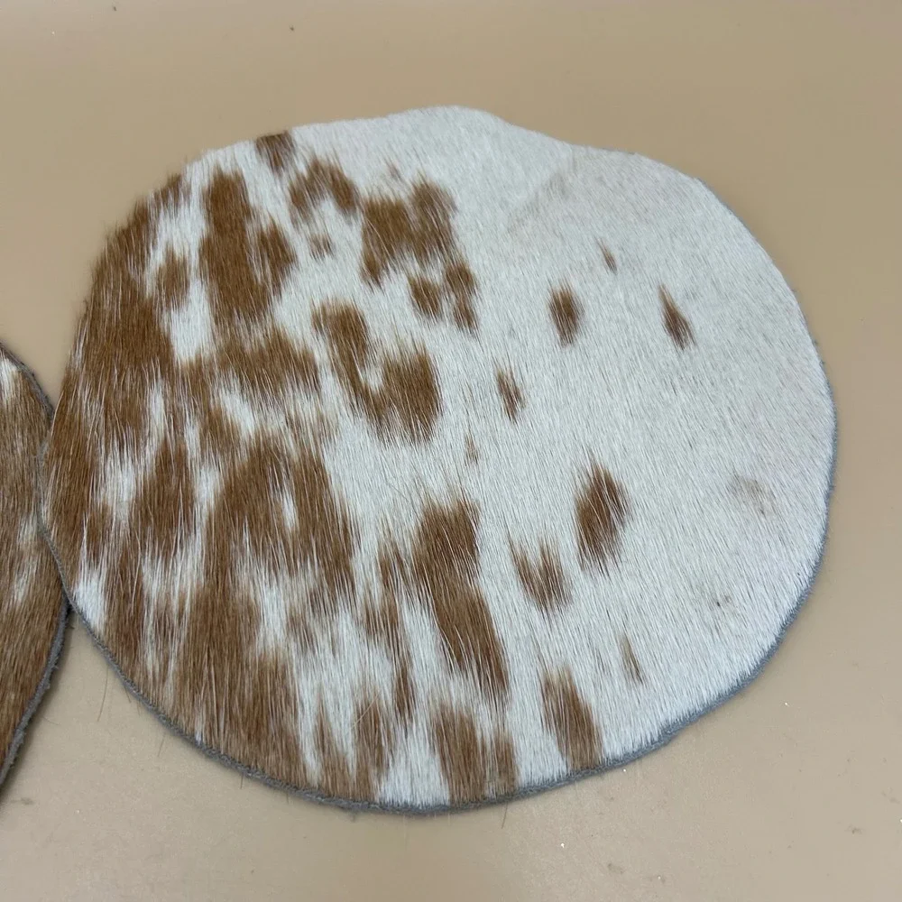 Natural Cowhide Coasters Set of 5 Round Hair on Hide Brown White Western Decor